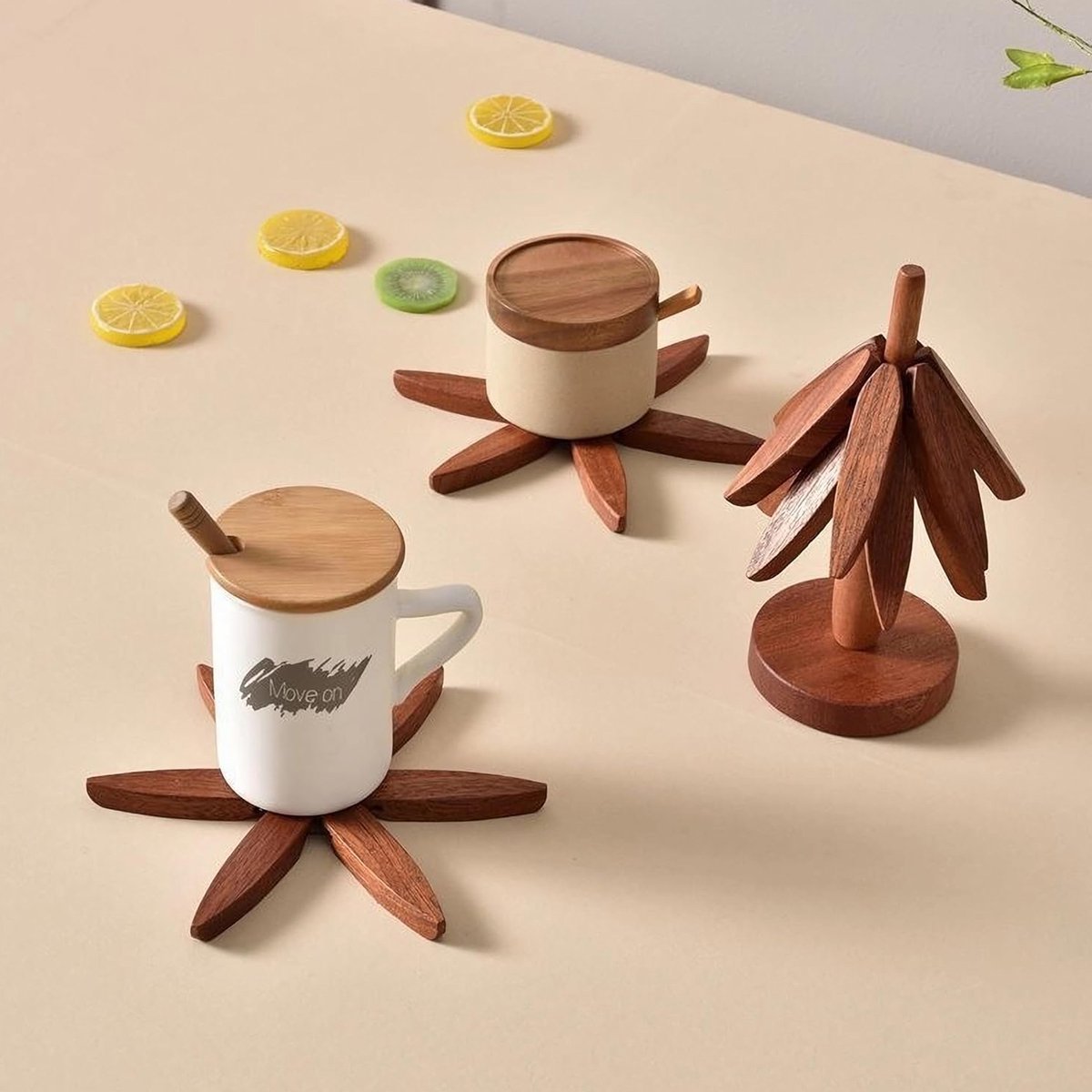 Houten onderzetters in de vorm van een boom met standaard- set van 3- opvouwbare onderzetters in boomvorm voor keuken- servies- theepotten en kommen (walnoot) — cadeau in Koken & Dineren - foto 4