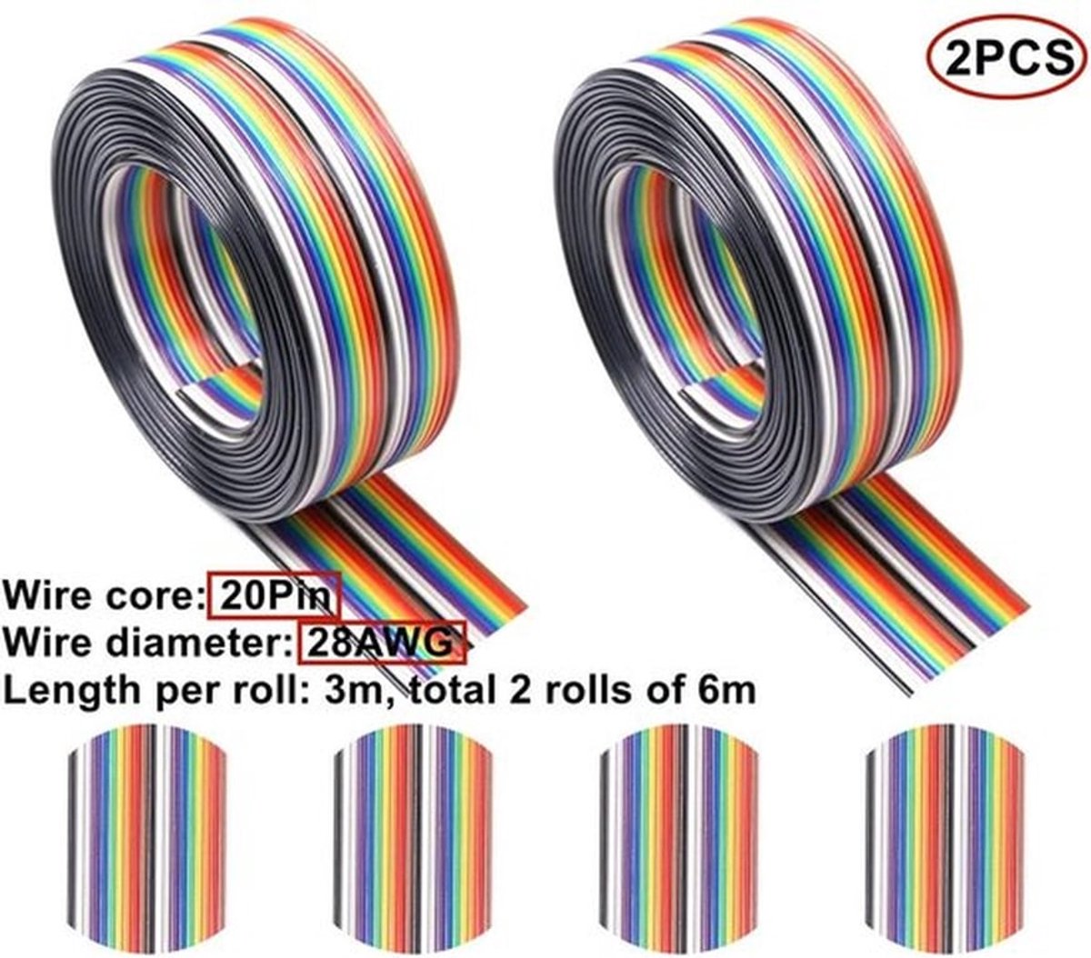 Lintkabel 20 pins plat 1,27 mm afstandskabel regenboog 2,54 mm IDC-kabelrollen 3m