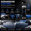 Fles met spuitmond voor "Car Paint & Glass Coating 2 in 1", 500 ml. Zwarte fles met blauw en wit label. Vergelijkt een auto voor en na coating.