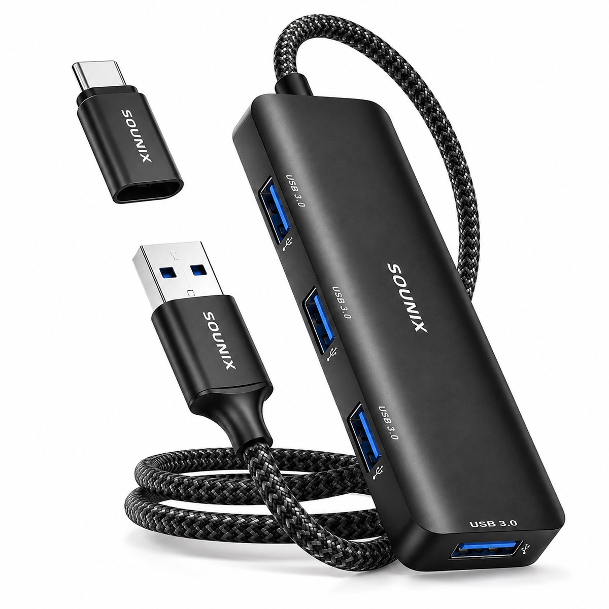 Sounix USB 3.0 Hub met 60cm Kabel - USB Splitter - 4 extra USB 3.0 A Poorten - USB C Hub - 5 Gbps - Aluminium - Zwart