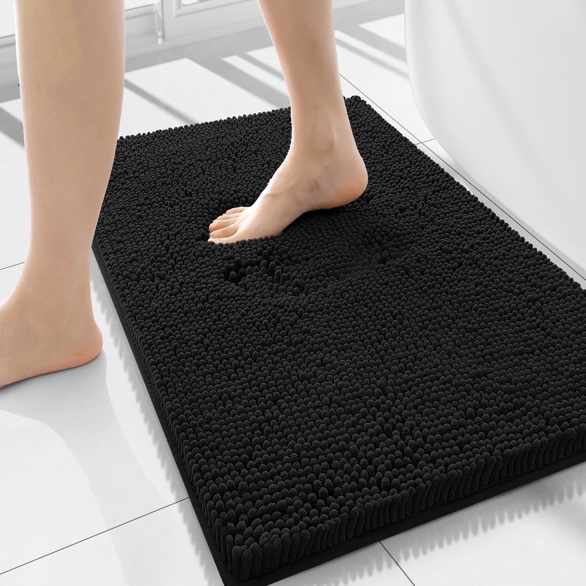Olanly Badmat Antislip – Chenille Douchemat – Badmat Badkamer – Zwart – 51X120cm