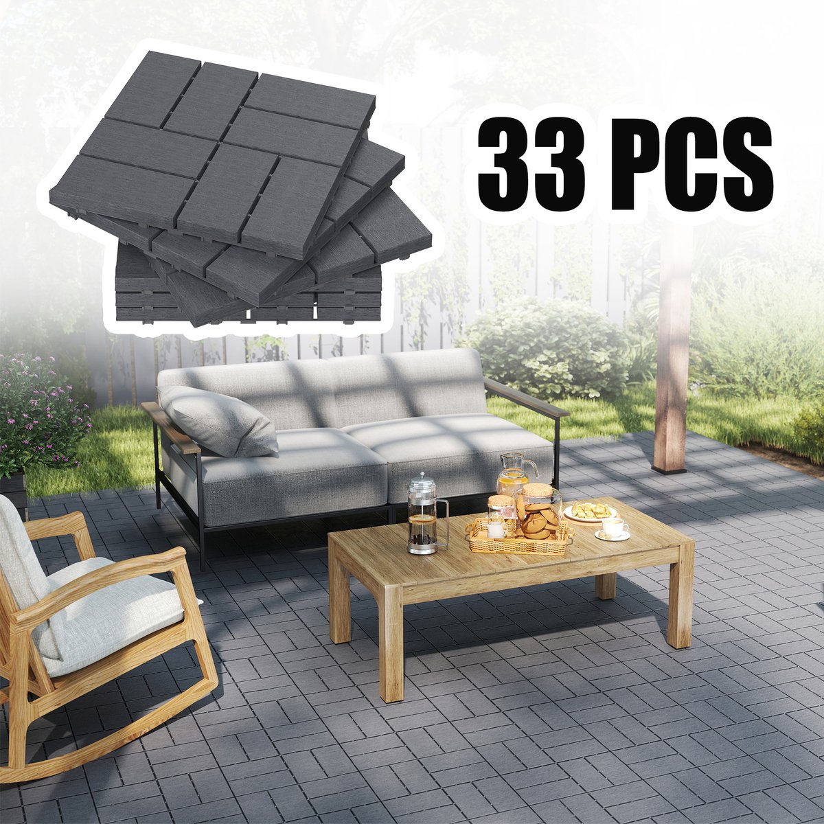 Froadp 33 stuks balkontegels met houtlook, terrastegels 30x30 cm, decoratieve kunststoftegels voor het terras, kliktegels, vloerbedekking, balkontegels, waterbestendig, onderhoudsvriendelijk - 3 m² antraciet geruit type