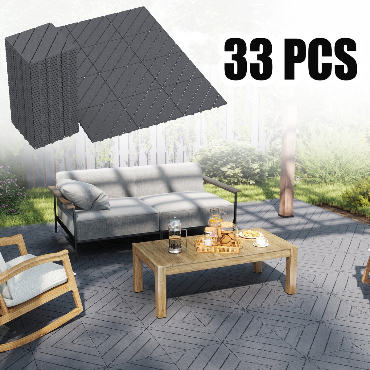 Froadp 33 stuks balkontegels met houtlook, terrastegels 30x30 cm, decoratieve kunststoftegels voor het terras, kliktegels, vloerbedekking, balkontegels, waterbestendig, onderhoudsvriendelijk - 3 m² antraciet, schuin model