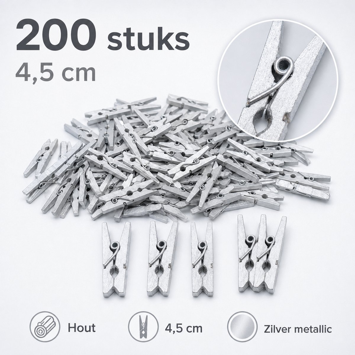 Benza – Zilveren Houten Knijpers – 200 stuks – 4,5 cm – Metallic Mini Wasknijpers voor Kerst, Cadeaus, Foto’s en Naamkaartjes