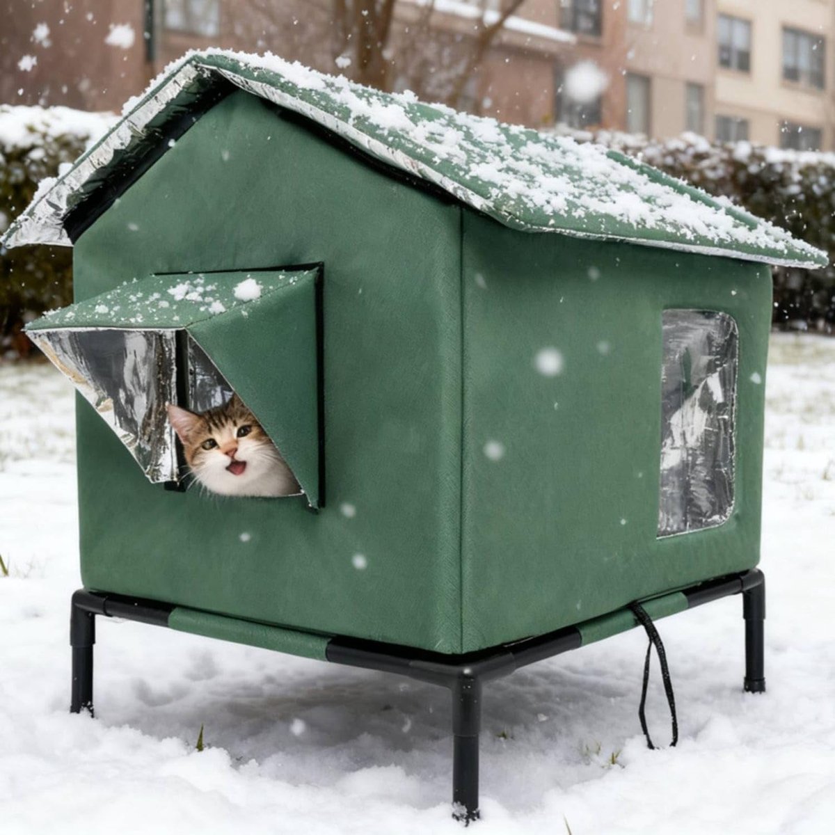Winterbestendig Buitenkattenhuis – Geïsoleerd Kattenverblijf – Waterdicht & Winddicht – Warm Kattenhuis voor Zwerfkatten in de Winter – Met Isolatie – Vorstbestendig – Voor Tuin, Garage & Veranda - 55x45x40cm - Groen