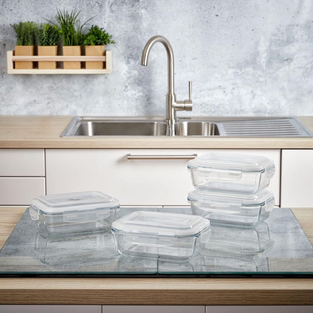 VALI® Ovenschaal met Deksel - Vaatwasserbestendig - Ovenschaal met Deksel Glas - Wit/Grijs - 10cm x 5cm x 4cm