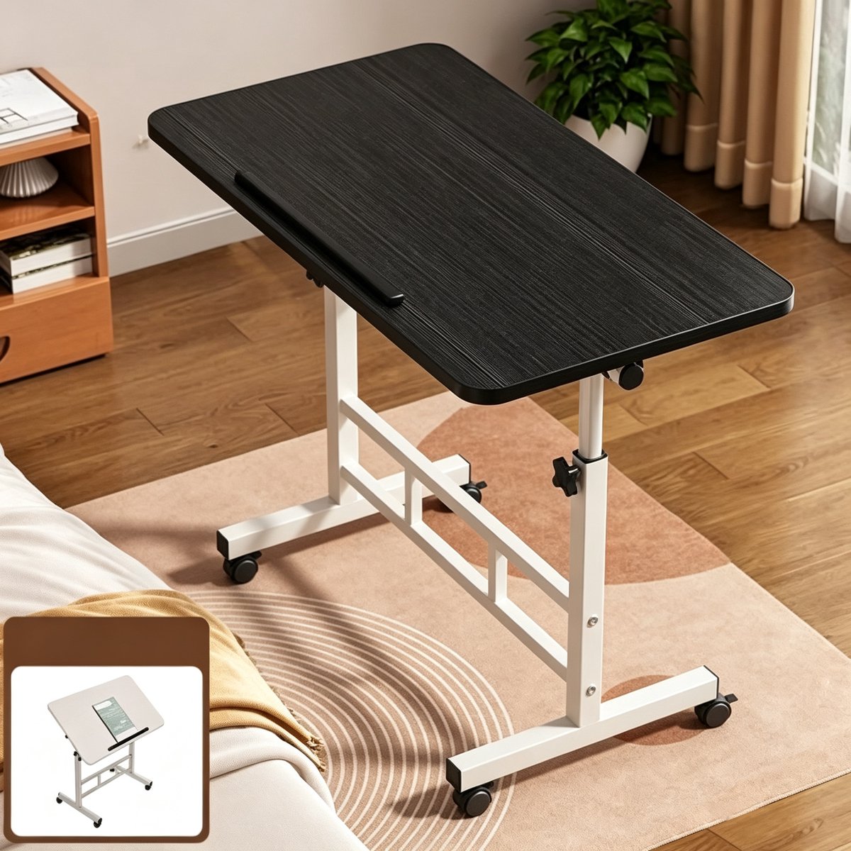 Verstelbaar sta bureau - Draagbaar mini-computerwerkstation voor kleine ruimtes, hoekbureau met wielen. Ideaal voor slaapkamers/kantoren, de perfecte staande oplossing voor laptops. Afmetingen: 80x40x(60-82 ) cm. Walnoot