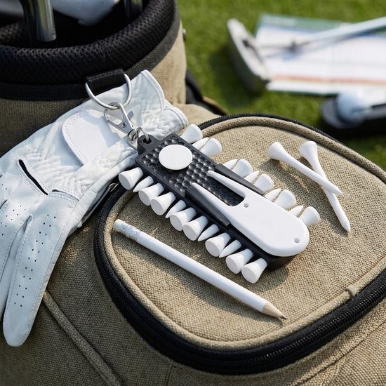 Zwarte golf tee houder set met witte golf tees – golf tees organizer – inclusief 12 golf tees, pitchfork, bal marker, potlood en draagclip – golf accessoires — afbeelding 2