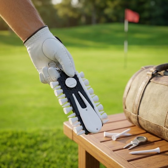 Zwarte golf tee houder set met witte golf tees – golf tees organizer – inclusief 12 golf tees, pitchfork, bal marker, potlood en draagclip – golf accessoires — afbeelding 5