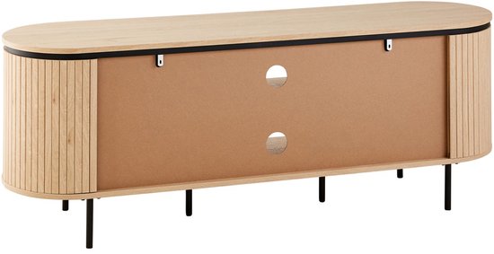 Ovale tv-meubel van licht hout met zwarte randen, geribbelde zijkanten en zwarte pootjes.