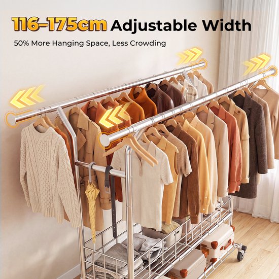 Zilveren kledingrek met veel oranje en beige kleding. De breedte van 116-175 cm wordt aangegeven met pijlen.