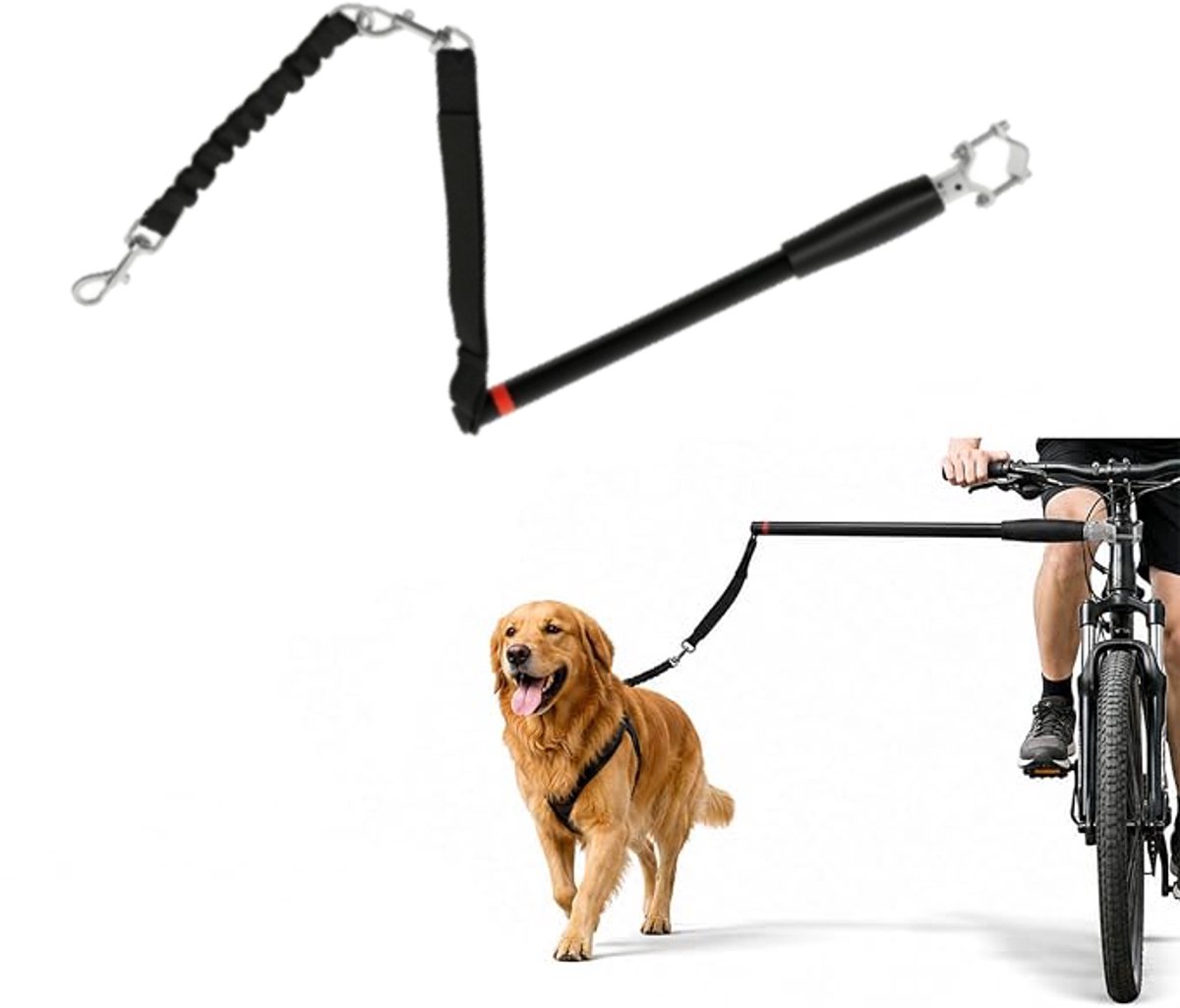 Hondenriem voor fietsen, elastisch touw, stalen buis, 124 cm, zwart