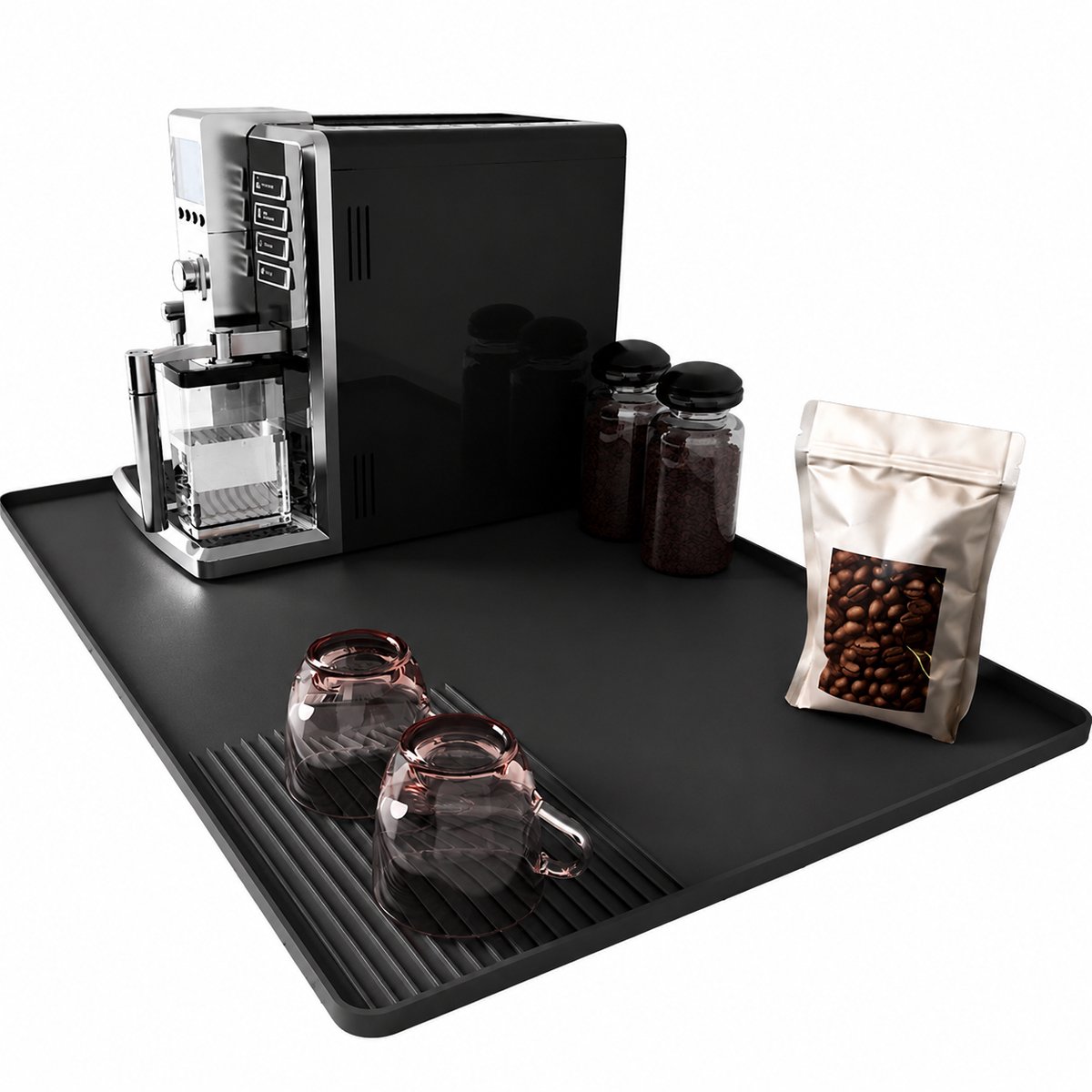 Koffiemat – Mat voor koffieapparaten op het aanrecht – Met opstaande randen – Antislip – Geschikt voor koffieapparaten & afdrogen – Zwart