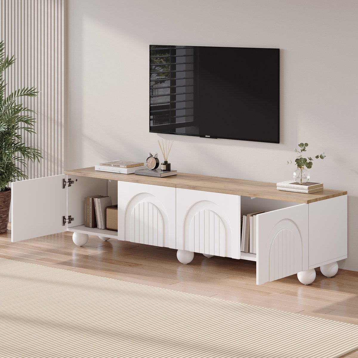 Wishdor Tv-Meubel - 4 Deuren En 6 Metalen Poten - Minimalistisch - Voor Woonkamer - MDF - Wit En Eikenkleur - 180 X 40 X 45 Cm Wit + Eik