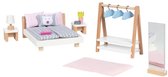 Poppenhuismeubeltjes: DESIGN SLAAPKAMER, 18-delig, bed 12,7cm, beukenhout en stof, 3+