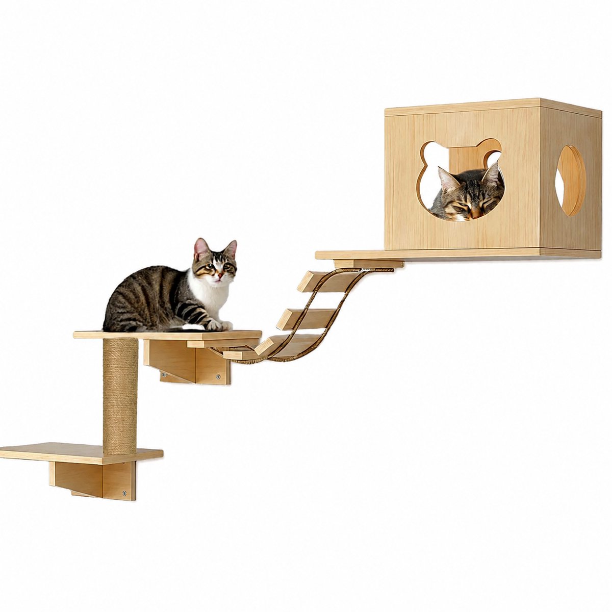 Nyoz kattenmeubel - Kattenhuis - Krabpaal - Katten krabpaal - Beschut kattenhuis - Meerdere speelniveaus - Natuurlijke houtlook