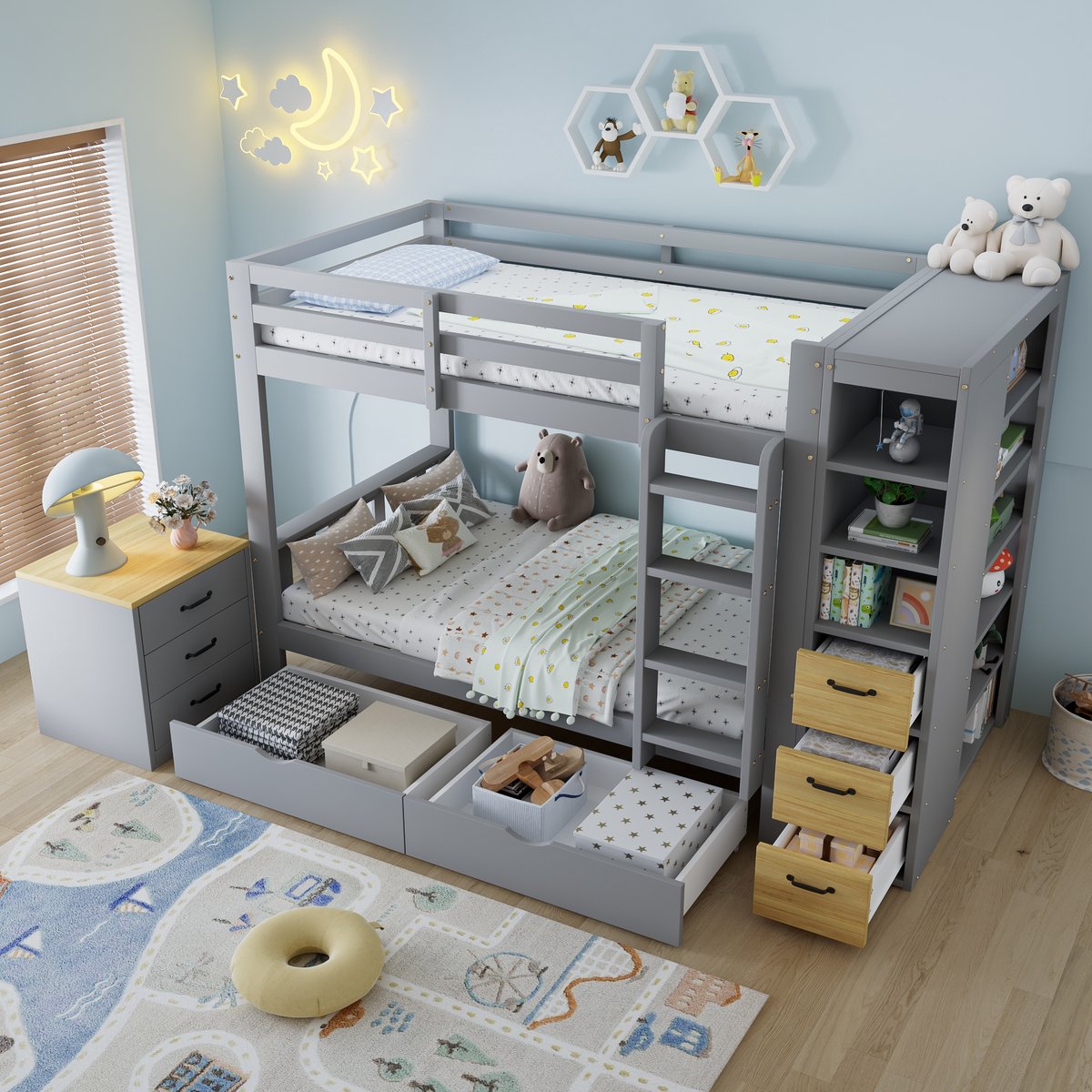 MIVRAY Stapelbed 90x200 Cm Zonder Matras Met Ladder En Opbergruimte Bedladen Zijrek En Vrij Plaatsbare Nachtkast Hout Grijs
