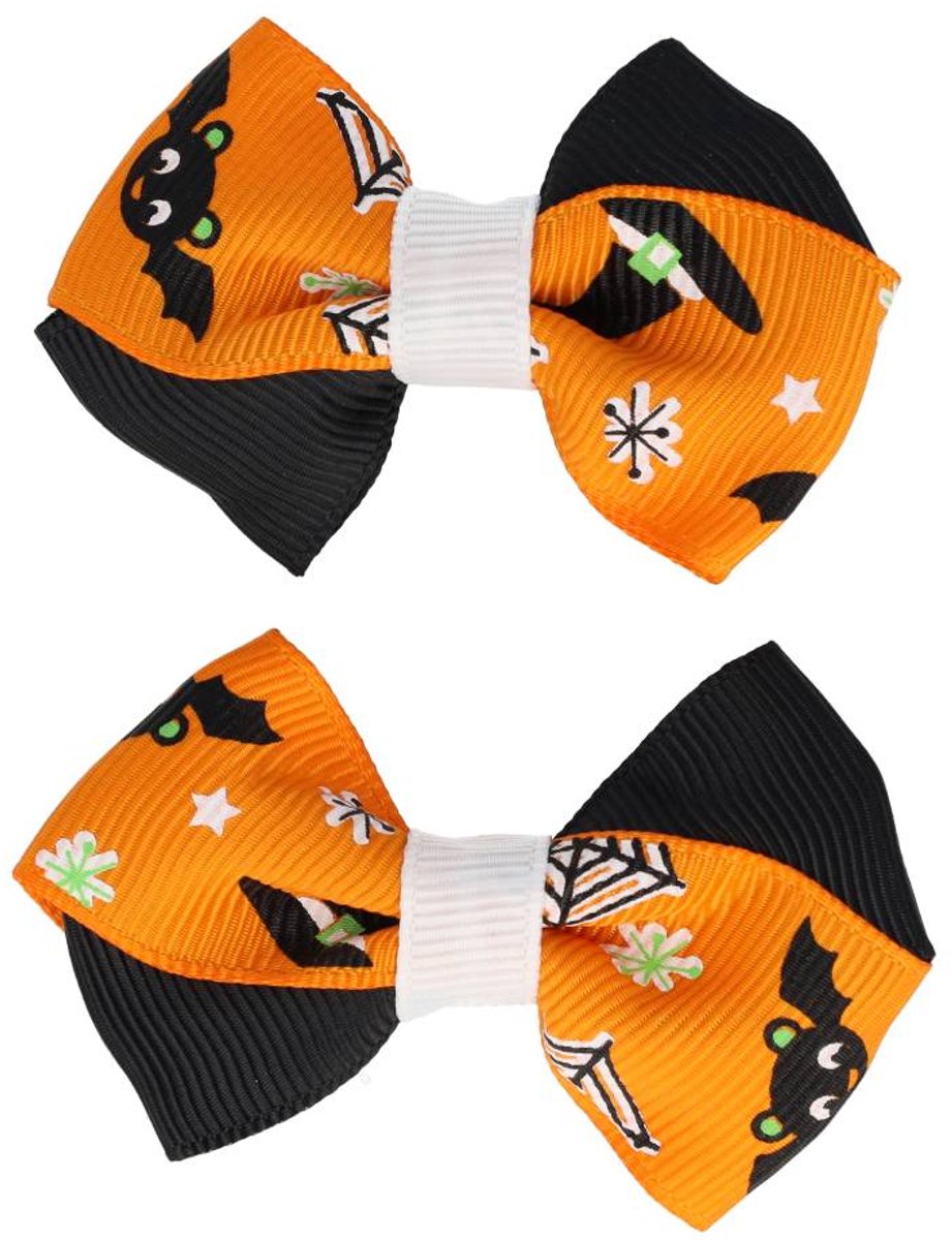 Haarsoires Haarspeld Duckklemmen 6cm – Halloween Griezelprint Strikje – Oranje Wit Zwart – Set van 2 - Haarclip - Haarklem - Makkelijk in Gebruik - Sterke Haarclip voor Styling & Dagelijks Gebruik - Hair Clip - Decoratieve Haaraccessoire