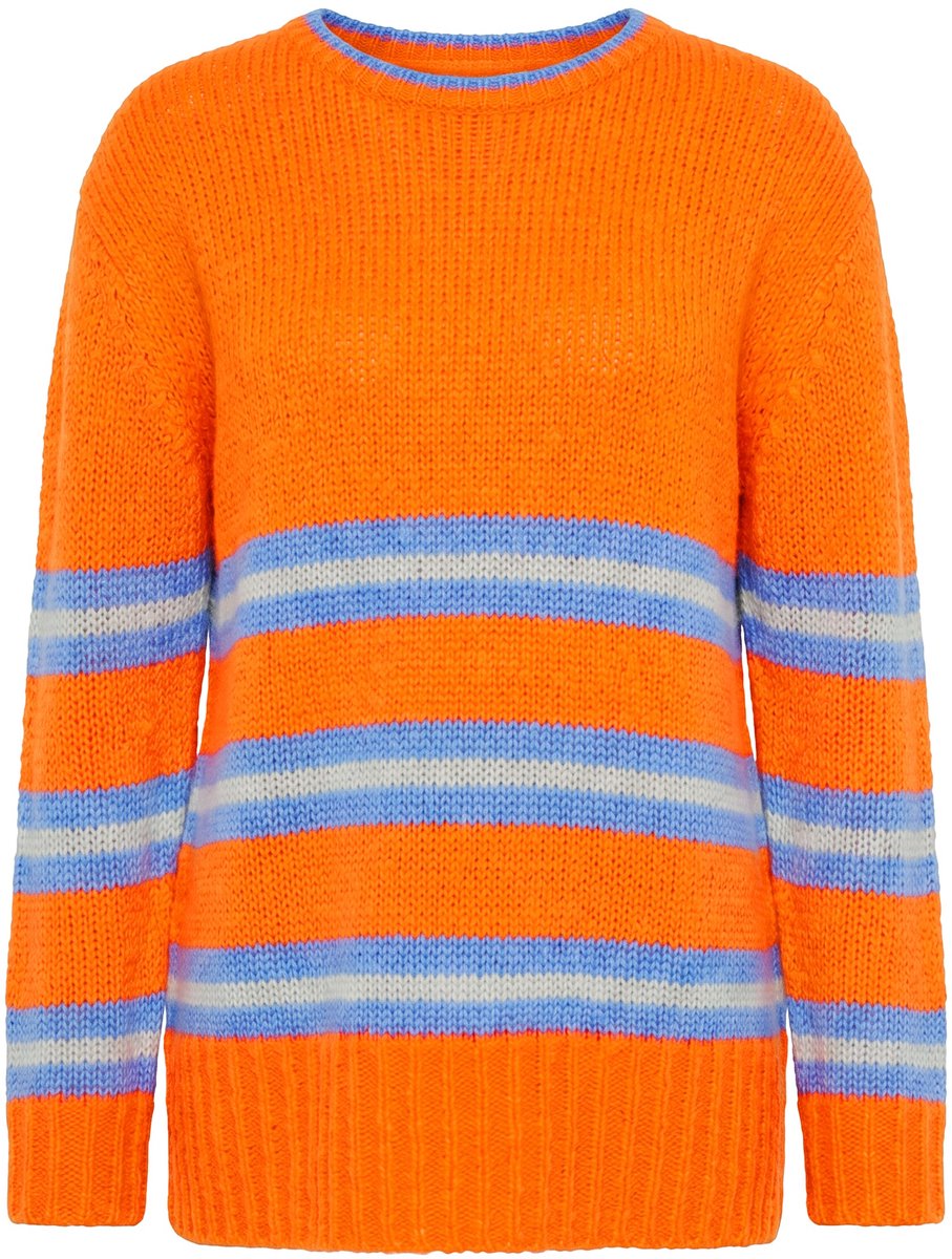Laurasøn - Dames - Gebreide trui strepen ronde hals lange mouwen - Neonoranje - Maat 44+