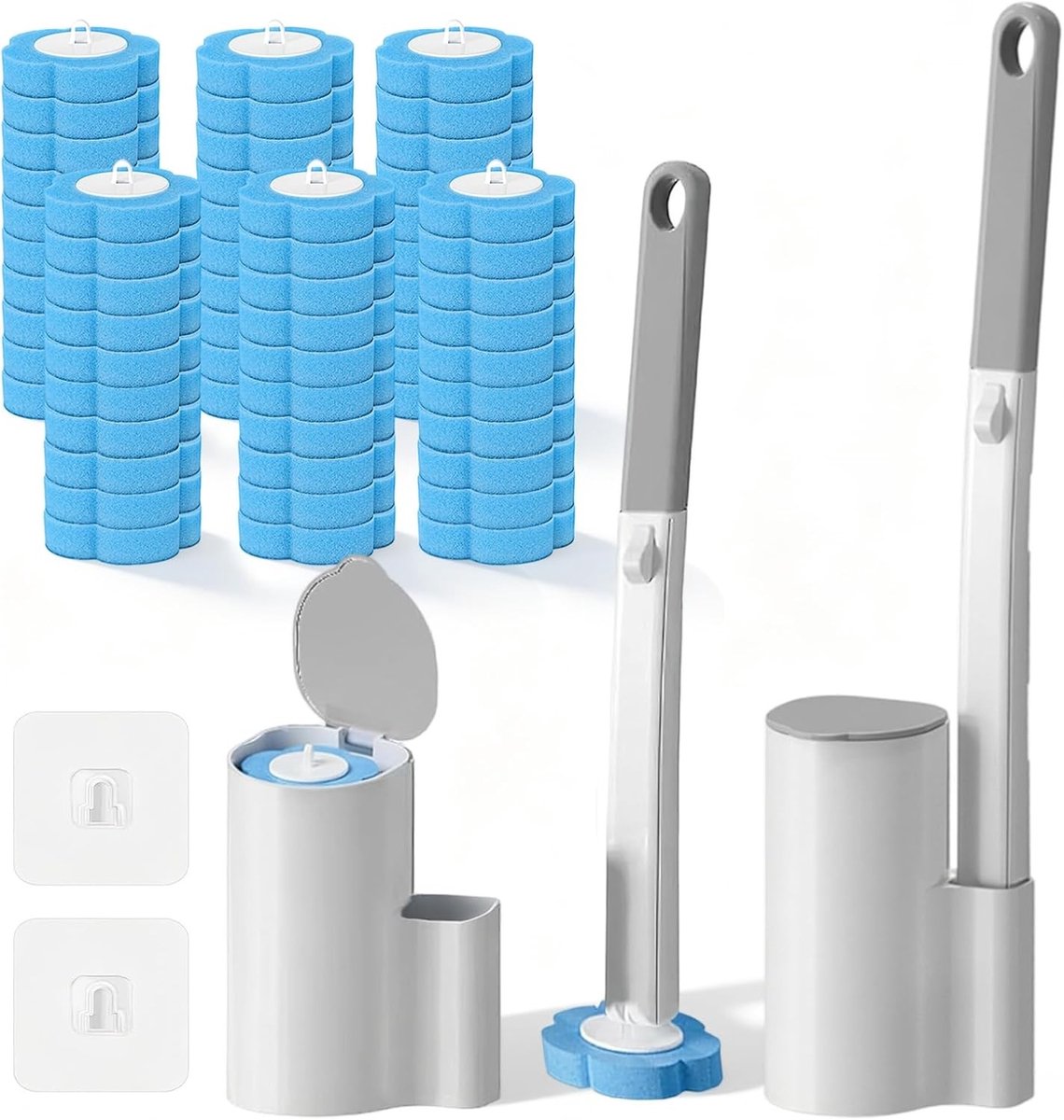 Vervanging voor wegwerp-toiletborstel - Blauw, Wit - 2 Stuks - Plastic Toiletborstelset met 60 Reserveborstelkoppen - Voor Badkamerreiniging