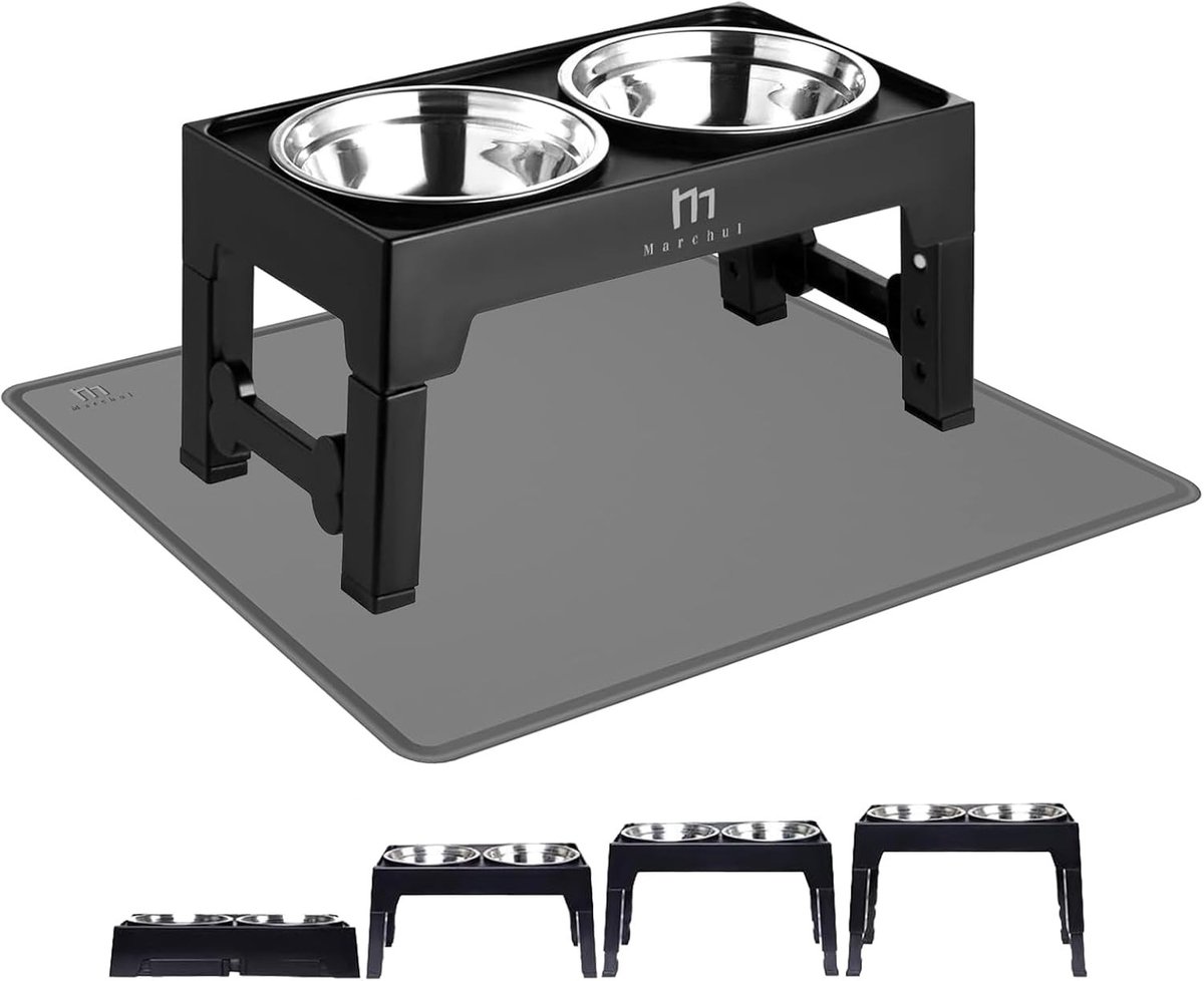 Verhoogde voerbak voor grote hond - Zwart - Verstelbaar 9-31 cm - Roestvrijstalen Dubbele Kommen met Antislipmat - Voor Middelgrote en Grote Honden