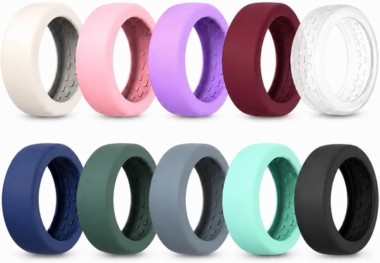 Dix housses de bague en silicone de couleurs différentes pour Oura Ring 5 sur fond blanc.