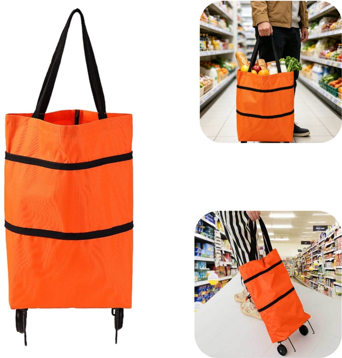 Boodschappentrolleys - Winkeltas - Handwagen - Opbergzak voor allerlei spullen - Plukzak - Winkelmand - Met wielen - Opvouwbaar - Afneembaar - Met rits - Opbergaccessoires - Geschikt voor winkelen, picknicken, plukken (oranje,42*27cm)