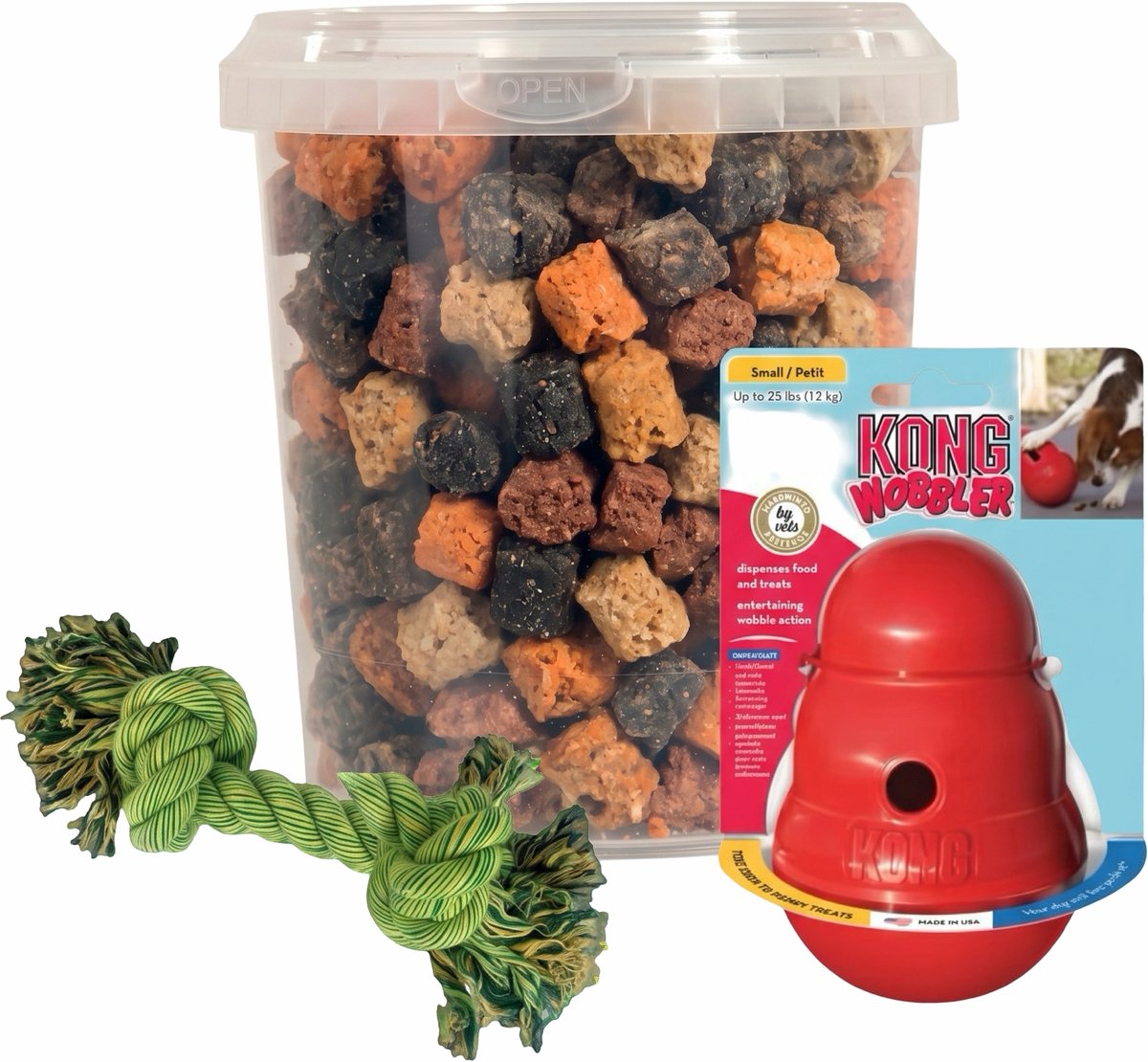 Combideal: Kong Wobbler Large 19 cm + Mixtrainers Emmer 850 ml + Stevig flostouw