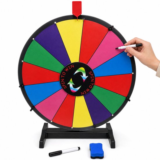 Draairad met 14 gekleurde vakken: rood, geel, groen, paars, blauw, roze. Tekst 'SPIN TO WIN'. Inclusief stift en gum.