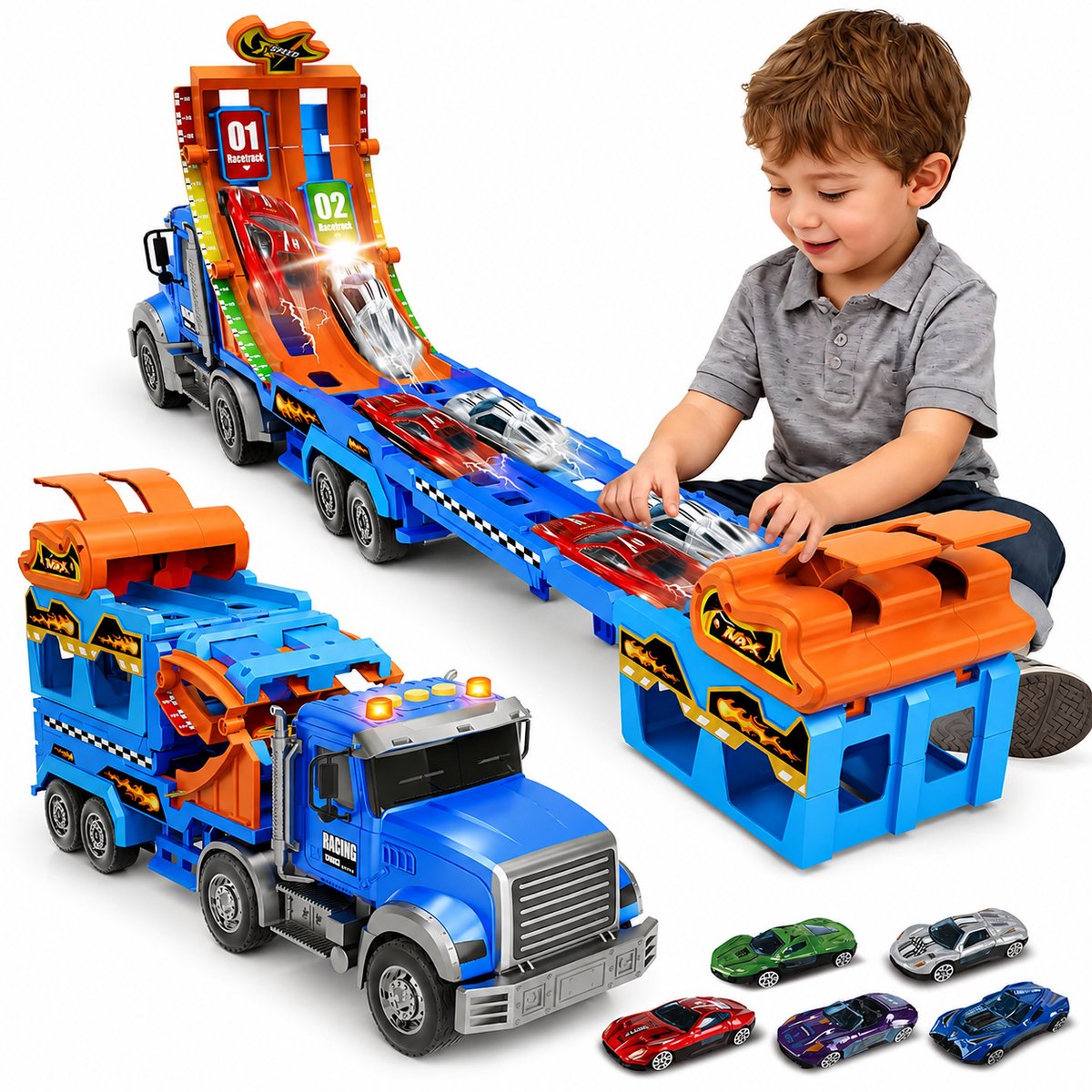 BOTC 3-in-1 Autotransporter met Racebaan - Auto Speelgoed - Inclusief 6 Metalen Raceauto’s - Licht, Geluid & Lanceerfunctie - Blauw