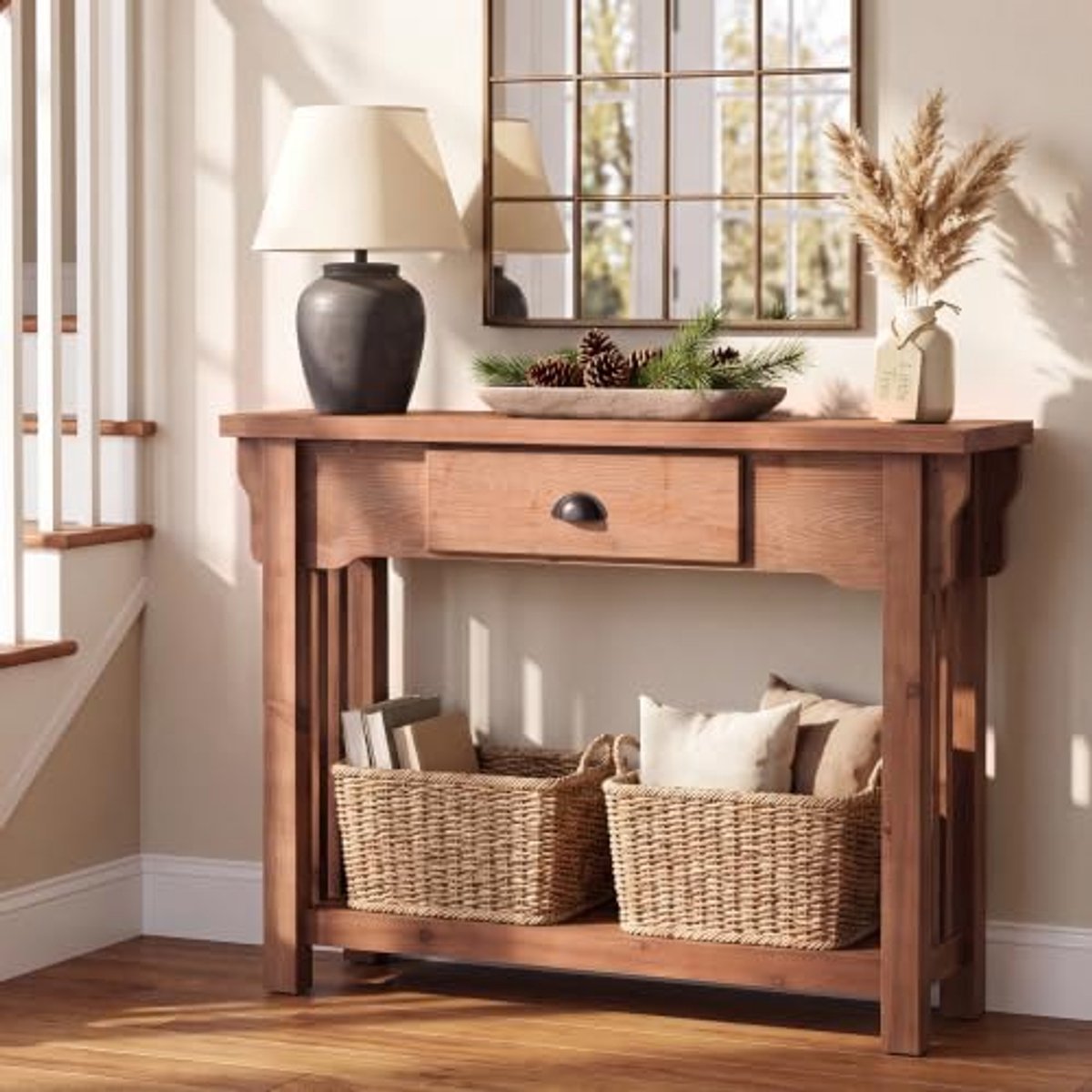 LITTLE TREE Massief Houten Consoletafel - 105 x 30 x 80 cm - Met lade en opbergplank - Compacte sidetable voor entree, hal en woonkamer - Bruin