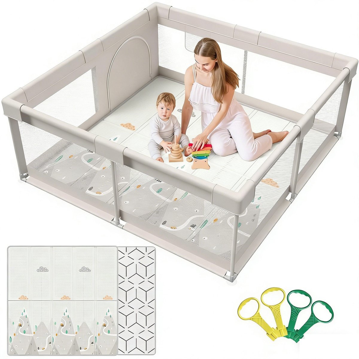 Babybox 150x150cm met mat, stevige, ademende babybox met 4 ringen, beige XXL, ademende babybox