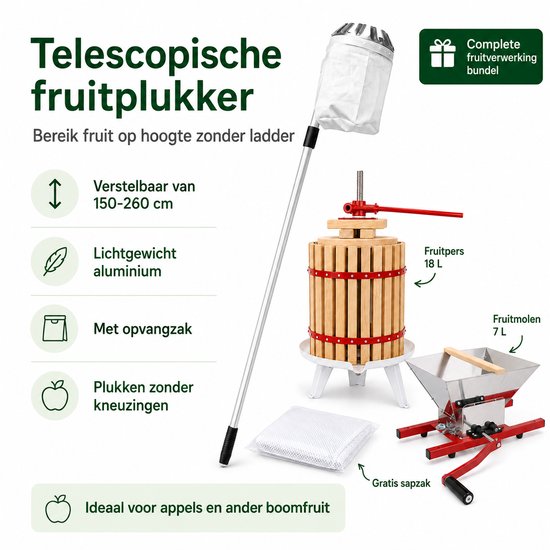 HOME It® Fruitpers Set 18 L - Eikenhout Appelpers met Fruitmolen 7 L, Telescopische Fruitplukker 150-260 cm & Gratis Sapzak - Voor Sap & Cider van home-it — afbeelding 4