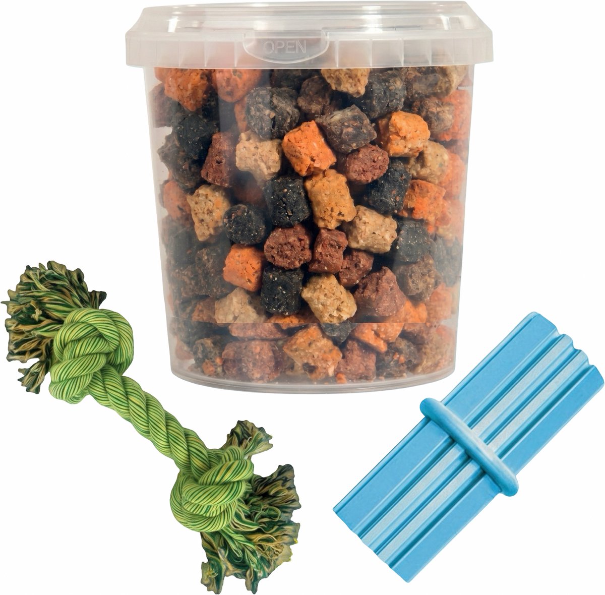Combideal: Kong Puppy Teething Stick Blauw + Mixtrainers Emmer 850 ml + Stevig flostouw
