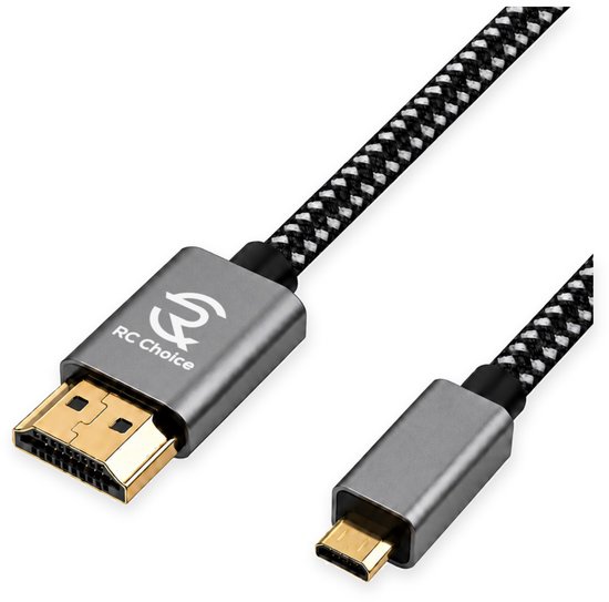 Grijze RC Choice HDMI-kabel met zwarte en witte gevlochten mantel, vergulde HDMI-connector en micro-HDMI-connector.