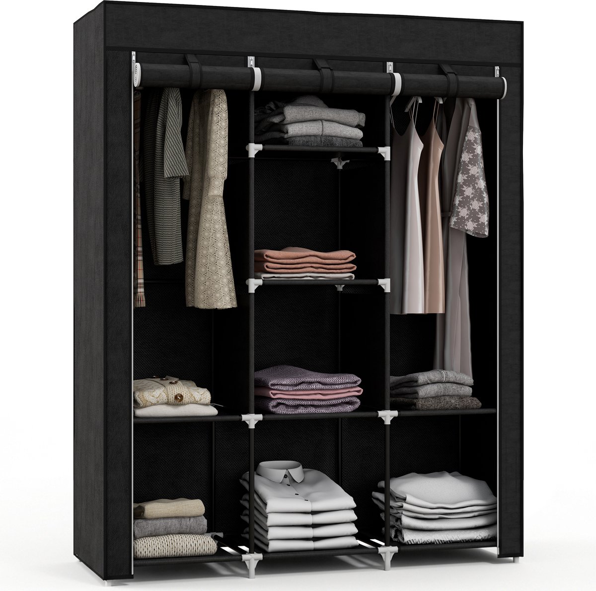 HOMCOM Stoffen Kledingkast - Staal - 125x43x162,5cm - Zwart