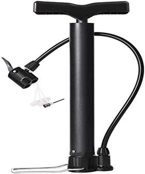 Zwarte draagbare fietspomp met slang, pomp-kop en accessoires.