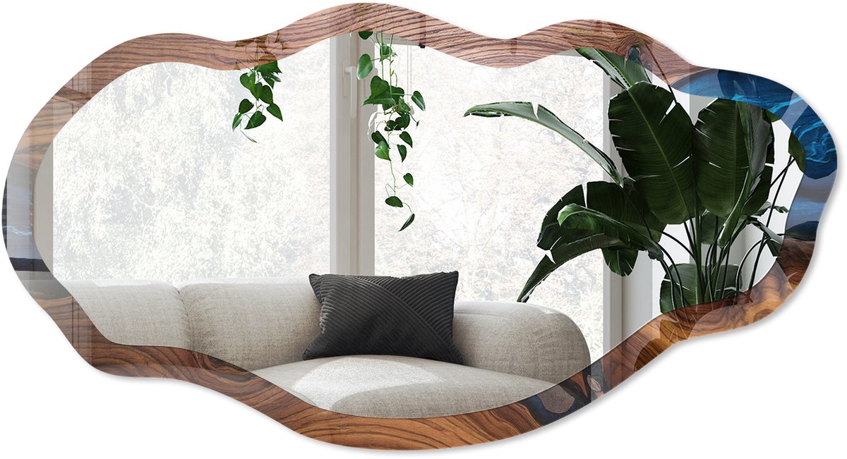 Wallfluent Houtwater Spiegel - Bruin Elegante Rechthoekige Wandspiegel - Organische Spiegel - Woonkamer, Kantoor, Hal - Abstract - 45x90 cm - Totale afmeting 52x97 cm