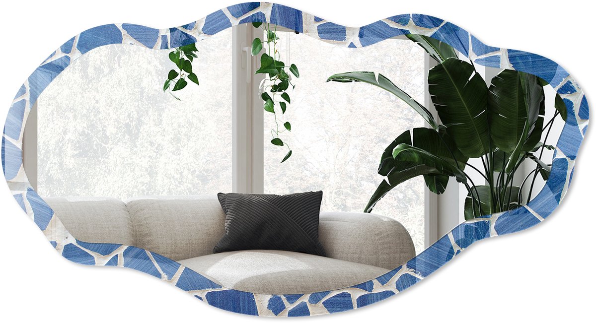 Wallfluent Blauw Mozaïek Spiegel - Blauw Rechthoekige Spiegel Voor Interieur - Organische Spiegel - Woonkamer, Kantoor - Klassiek - 45x90 cm - Totale afmeting 52x97 cm