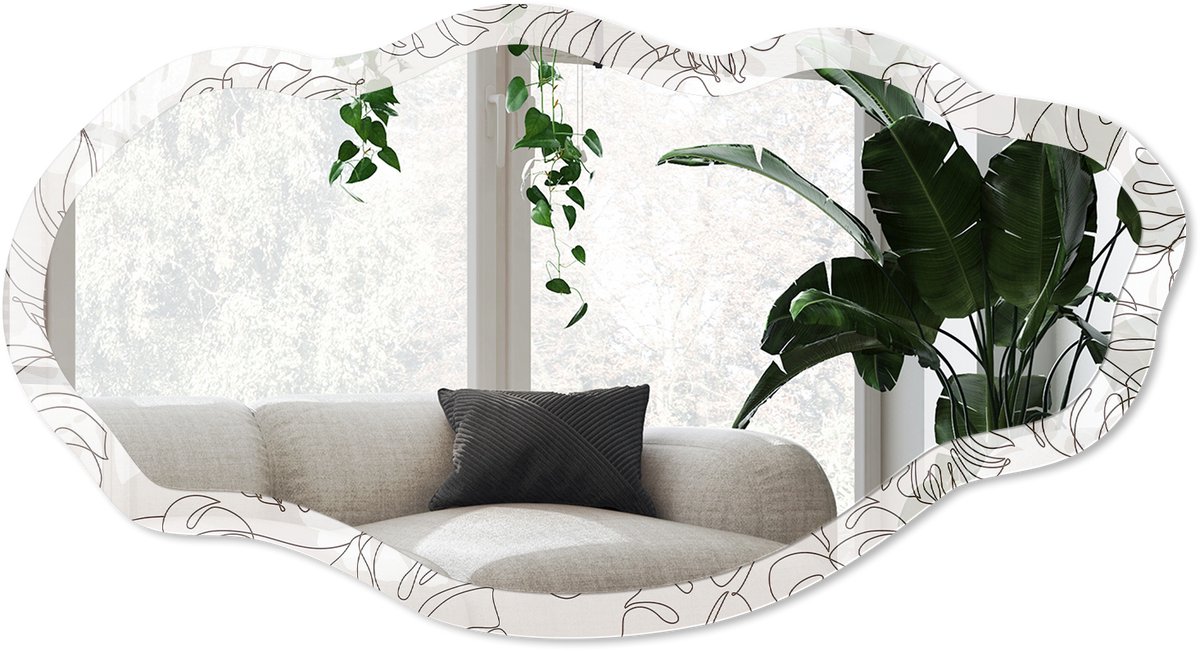 Wallfluent Monstera-Bladeren Spiegel - Beige Stijlvolle Wandspiegel - Organische Spiegel - Slaapkamer, Woonkamer, Kantoor - Lijntekening - 45x90 cm - Totale afmeting 52x97 cm