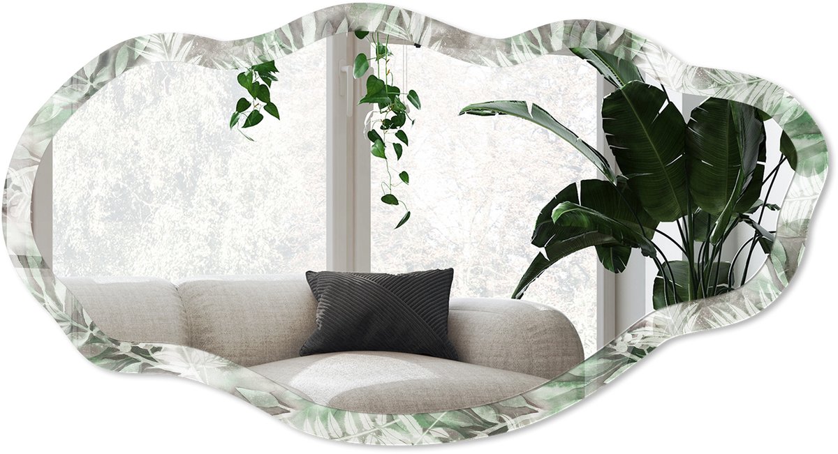 Wallfluent Groene Jungle Spiegel - Groen Elegante Rechthoekige Wandspiegel - Organische Spiegel - Woonkamer - Aquarel - 45x90 cm - Totale afmeting 52x97 cm