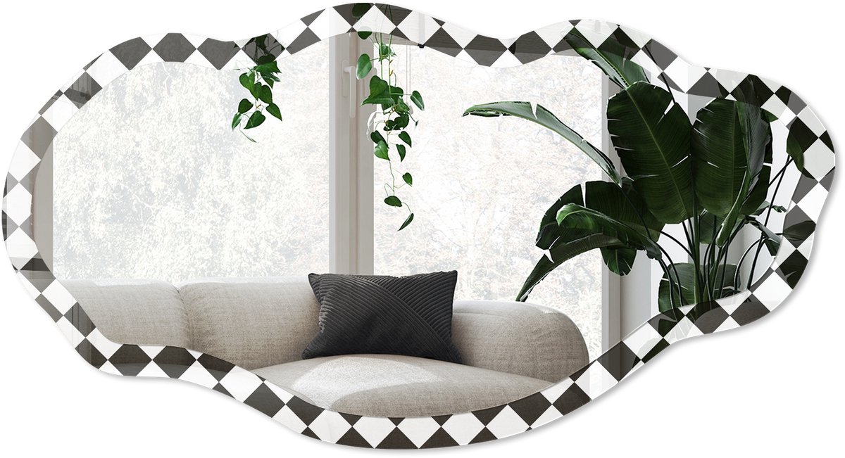 Wallfluent Klassiek Schaakbord Spiegel - Zwart-Wit Stijlvolle Wandspiegel - Organische Spiegel - Hal, Kantoor, Woonkamer - Geometrisch - 45x90 cm - Totale afmeting 52x97 cm