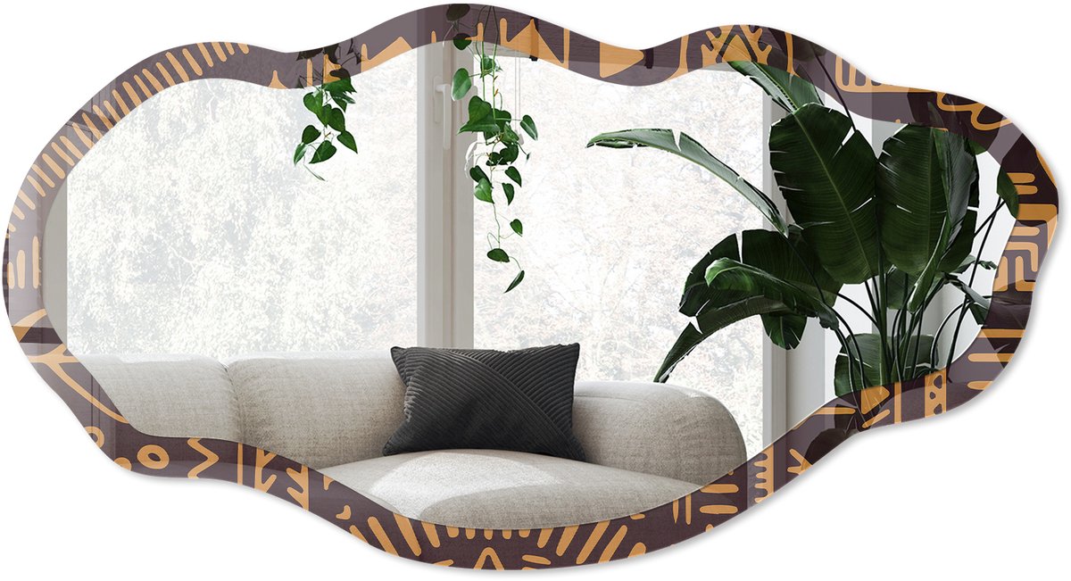 Wallfluent Etnisch Patroon Spiegel - Bruin Moderne Rechthoekige Wandspiegel - Organische Spiegel - Woonkamer - Abstract - 45x90 cm - Totale afmeting 52x97 cm