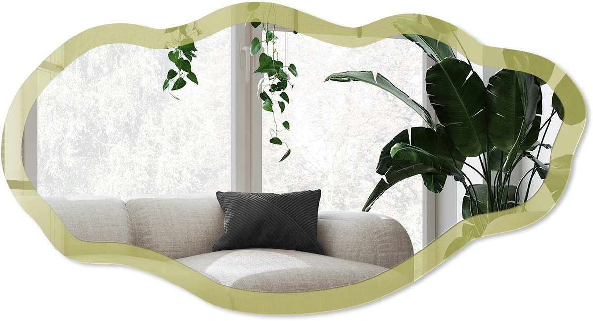 Wallfluent Groene Vintage Spiegel - Geel Rechthoekige Spiegel Met Modern Design - Organische Spiegel - Woonkamer, Kantoor, Slaapkamer - Minimalistisch - 45x90 cm - Totale afmeting 52x97 cm