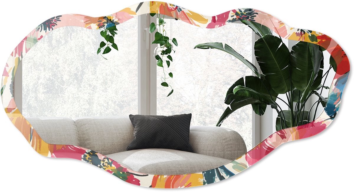 Wallfluent Bloemenpatroon Spiegel - Geel Elegante Rechthoekige Wandspiegel - Organische Spiegel - Woonkamer - Schilderachtig - 45x90 cm - Totale afmeting 52x97 cm