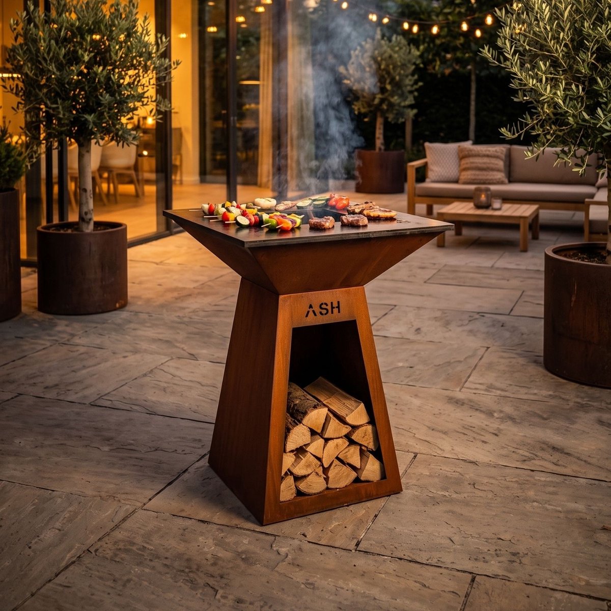 ASH | Orion | Cortenstaal | XXL plancha barbecue | 100 cm bakplaat | Houtopslag | Vuurschaal | Buiten koken