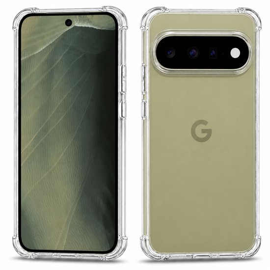 Coque de téléphone transparente avec coins renforcés, montrant l'avant et l'arrière d'un téléphone Google Pixel.