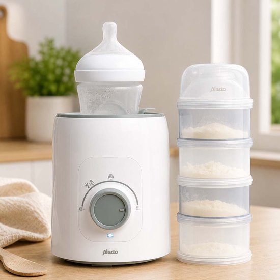 Witte Alecto flessenwarmer met een grijze draaiknop en een flesje. Naast de flessenwarmer staan gestapelde bewaarbakjes voor melkpoeder.