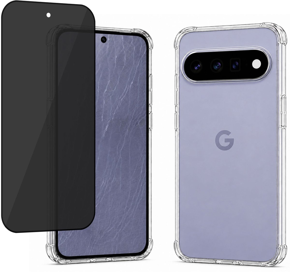 Hoesje met Privacy screenprotector geschikt voor Google Pixel 11 Pro XL - Luchtkussens - Siliconen Hoes - Gehard Glas - Transparant