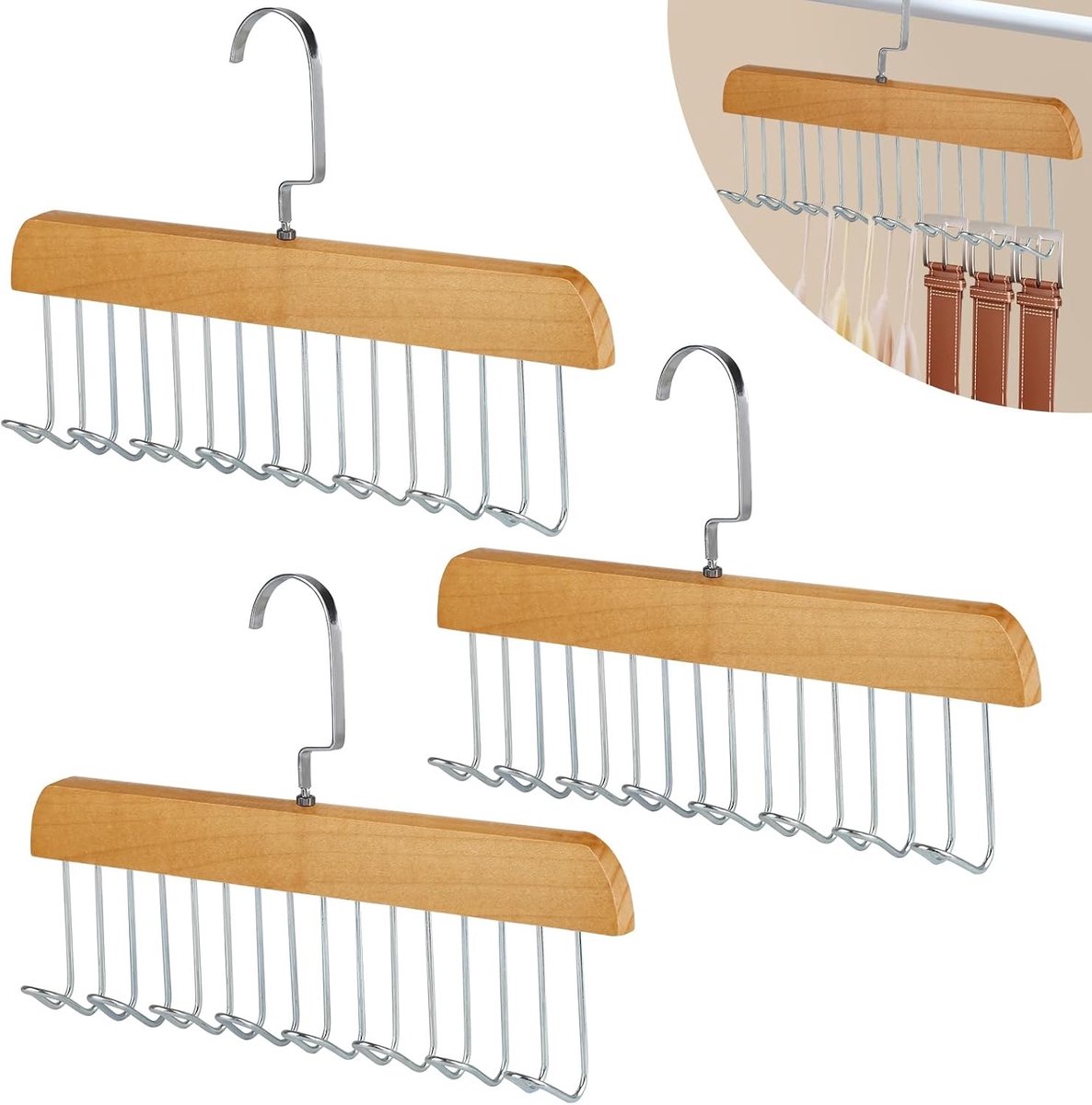 Houten kleerhangers - Bruin - 28 cm - Met 8 Haken en 360° Draaibaar - Voor Riemen en Accessoires